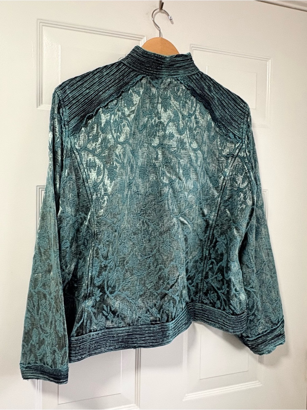 Vintage-Inspired Teal Brocade Jacket with Mandarin Collar Size XL - Picture 8 of 16